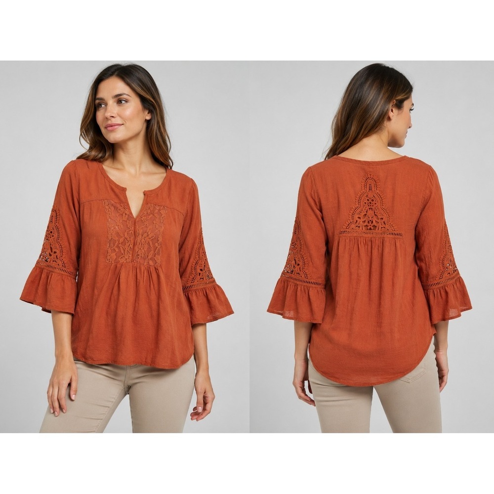 J Jill 1946 Womens Large Rust Boho Peasant Blouse Lace Bell Sleeve Tunic...